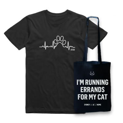 SYDNEY DOGS AND CATS HOME - PAW PULSE MENS TEE + ERRANDS FOR MY CAT BLACK TOTE BUNDLE 