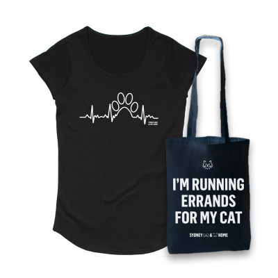 SYDNEY DOGS AND CATS HOME - PAW PULSE WOMENS TEE + ERRANDS FOR MY CAT BLACK TOTE